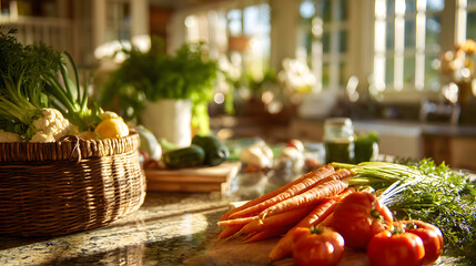 Harvest gathering with fresh vegetables in a sunlit kitchen environment