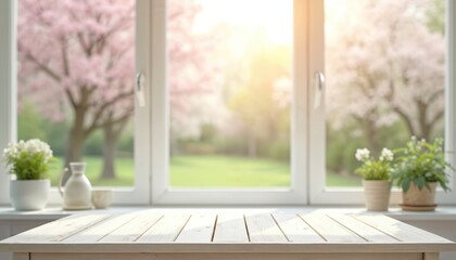 White wooden table in front of large window. Spring view of flowering trees, green lawn. Potted plants, fresh, airy light. Empty copy space for product placement, text. Interior home design.