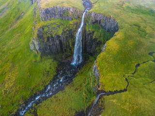Aerial shots of Grundarfoss Waterfall, on Snaefellness peninsula, Iceland