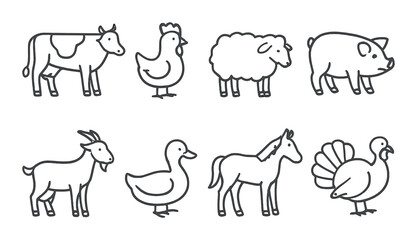 Farm animal icons set – outline, livestock and barnyard creatures symbols