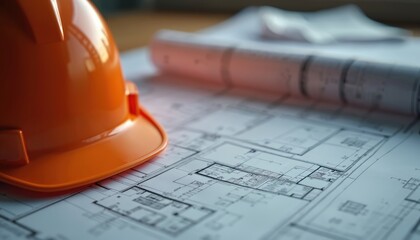 Construction blueprints, orange hardhat on desk. Building design engineering plans, architecture project, fire safety planning best practices. Safety, regulations, risk assessment. House plan,