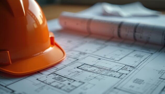 Construction blueprints, orange hardhat on desk. Building design engineering plans, architecture project, fire safety planning best practices. Safety, regulations, risk assessment. House plan,