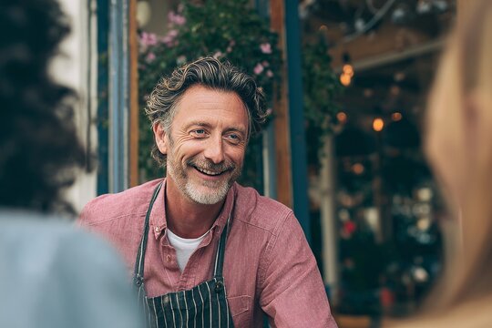 Smiling male cafe owner with red shirt and apron conversing with patrons at a table by flower decorated storefront