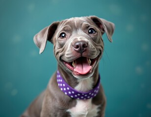 Happy pitbull dog portrait studio shot. Adorable puppy smiling, tongue out. Cute pet wearing a collar. Friendly dog face, curious look. Purebred dog, buddy. Isolated background.