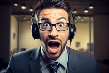 Shocked businessman wearing headset and glasses showing amazement in office
