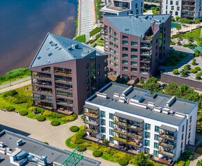 New modern residential building district Piliamiestis in Kaunas with modern facades. Aerial drone view photo.