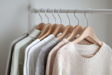 Minimalist wardrobe featuring sweaters and shirts hanging on wooden hangers in a neutral, organized closet space