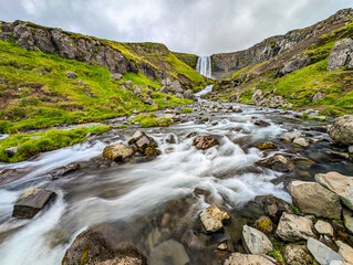 Aerial view of Svodufoss waterfall in Snaefellsnes peninsula, Iceland
