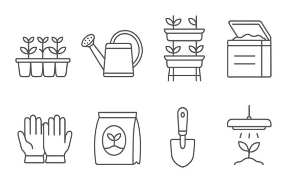 Urban gardening icons set – outline, simple and minimalist gardening design symbols - Powered by Adobe