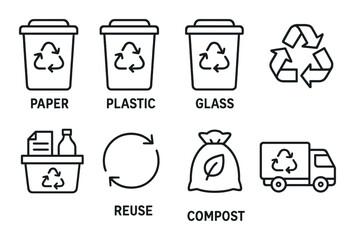 Recycling and waste management icons set – outline, eco-friendly and green symbols