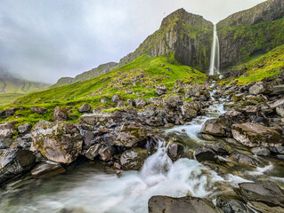 Aerial shots of Grundarfoss Waterfall, on Snaefellness peninsula, Iceland