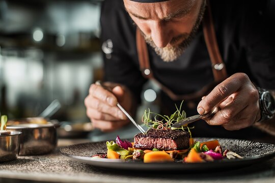 Gourmet preparation of steak dish by chef with tweezers, arranged vegetables on decorative plate for a fine dining experience