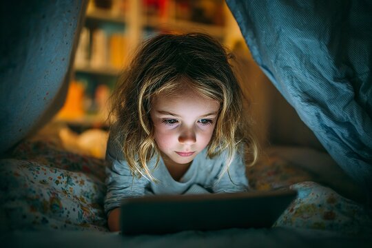 Girl using tablet in constructed indoor tent at night with focused expression, books in background in warm lighting