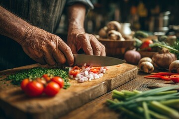 Chopping Tomatoes and Onions: Hands Prepare Fresh Vegetables for Cooking on Wooden Cutting Board with Sharp Knife