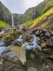 Aerial shots of Grundarfoss Waterfall, on Snaefellness peninsula, Iceland
