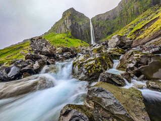 Aerial shots of Grundarfoss Waterfall, on Snaefellness peninsula, Iceland