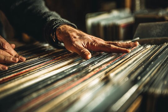 Hands carefully search through a collection of vinyl records, displaying love for music and collecting old audio.