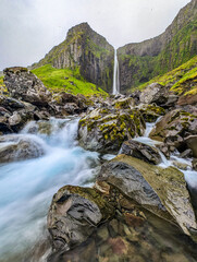 Aerial shots of Grundarfoss Waterfall, on Snaefellness peninsula, Iceland