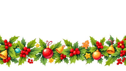 Festive christmas garland with holly leaves, berries, ornaments, and gingerbread man decoration