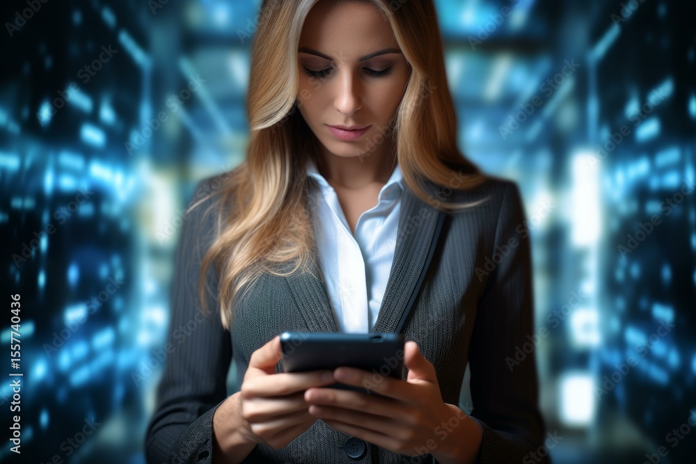 Poster businesswoman using digital tablet in server room with futuristic data flowing, concept of cloud com