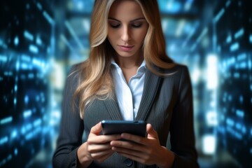 Businesswoman using digital tablet in server room with futuristic data flowing, concept of cloud computing and big data