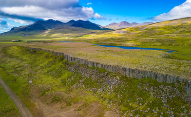 Areal view of Gerduberg basalt column cliffs, Snæfellsnes Peninsula, Iceland