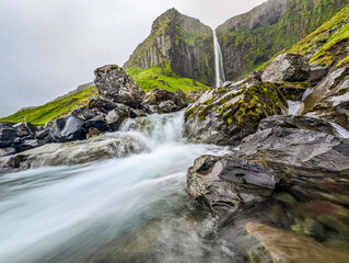 Aerial shots of Grundarfoss Waterfall, on Snaefellness peninsula, Iceland