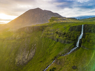 Aerial drone view of a waterfall Bjarnarfoss in Snaefellsnes Peninsula.