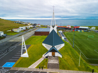 The Olafsvikurkirkja Lutheran church and bell tower in Olafsvik, Iceland