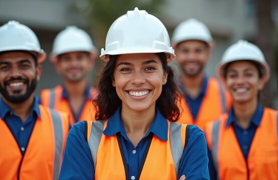 Group construction workers smiling, wearing safety vests, hard hats. Team of happy people working. Construction site, building project, engineering development, teamwork in urban city. Building