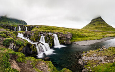 Kirjufell mountain and Kirkjufellsfoss waterfall