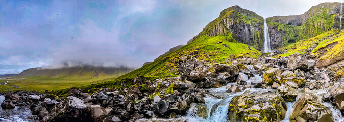 Aerial shots of Grundarfoss Waterfall, on Snaefellness peninsula, Iceland