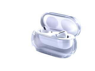 A close up of white wireless earbuds inside a clear protective case against a black background