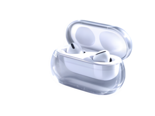A close up of white wireless earbuds inside a clear protective case against a black background
