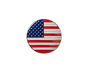 Glossy circular badge with the United States flag, centered on pure white background. Vivid patriotic colors and realistic product style for commercial or editorial use.

