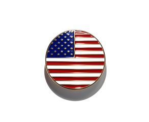 Glossy circular badge with the United States flag, centered on pure white background. Vivid patriotic colors and realistic product style for commercial or editorial use.

