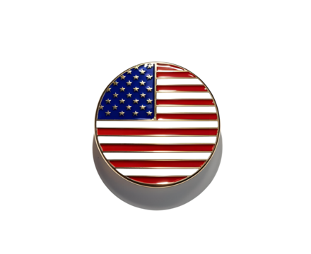 Glossy circular badge with the United States flag, centered on pure white background. Vivid patriotic colors and realistic product style for commercial or editorial use.


