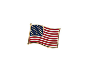 Metallic USA flag lapel pin with glossy red, white, and blue enamel and gold edges, isolated on white background. High-detail product photo for branding, editorial, or promotional use.


