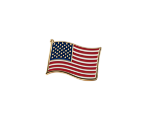 Metallic USA flag lapel pin with glossy red, white, and blue enamel and gold edges, isolated on white background. High-detail product photo for branding, editorial, or promotional use.

