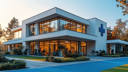 Modern medical facility exterior at sunset.