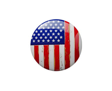 Glossy circular badge with the United States flag, centered on pure white background. Vivid patriotic colors and realistic product style for commercial or editorial use.

