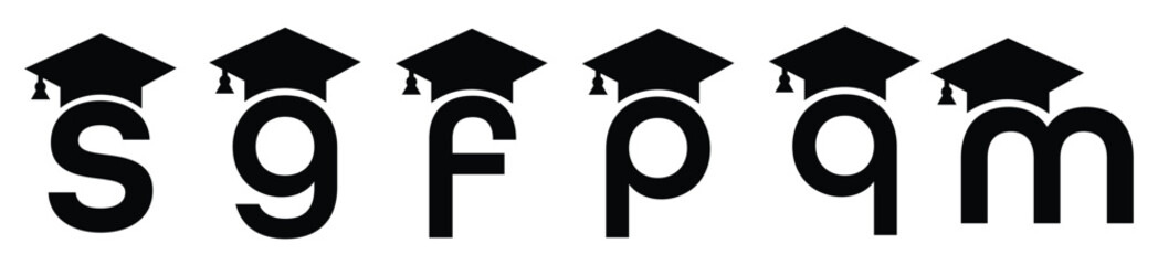 Stylized educational typography featuring lowercase and uppercase letters topped with academic graduation caps, symbolizing modern learning and creative academic design, letter a, s, c, g, o, q, n, m