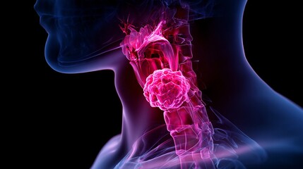 Detailed PET scan simulation of throat cancer enlarged tumor visible in pharynx digital overlays highlighting affected area in high contrast