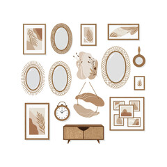 Bohemian Wall Decor Gallery Mirrors Prints and Rattan Accents