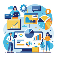 Flat Design Business Analytics Illustration Blue Yellow Charts Graphs People