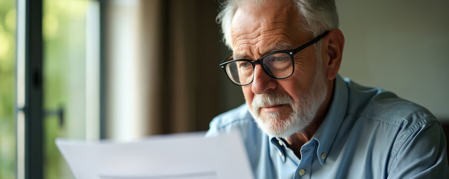 Senior man with glasses reviews life insurance policy. Elderly person at home considers retirement planning, financial security, coverage, terms and conditions. Concept of peace of mind about future.