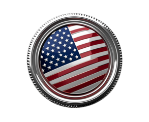 Glossy circular badge with the United States flag, centered on pure white background. Vivid patriotic colors and realistic product style for commercial or editorial use.

