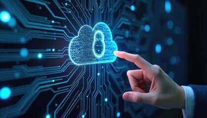 Hand touching cloud computing security symbol. Concept data protection cyberspace safety, secure digital network. Innovation tech, data privacy, information protection with padlock lock on circuit