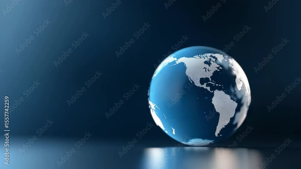 Poster world globe on blue: a detailed world globe casts a gentle shadow on a reflective surface, set again