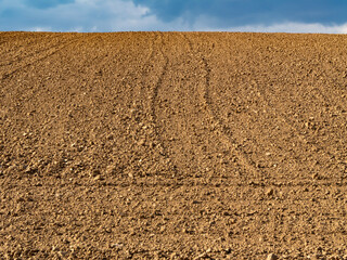 Freshly plowed agricultural field with textured soil under a cloudy sky. Concept of farming, land...